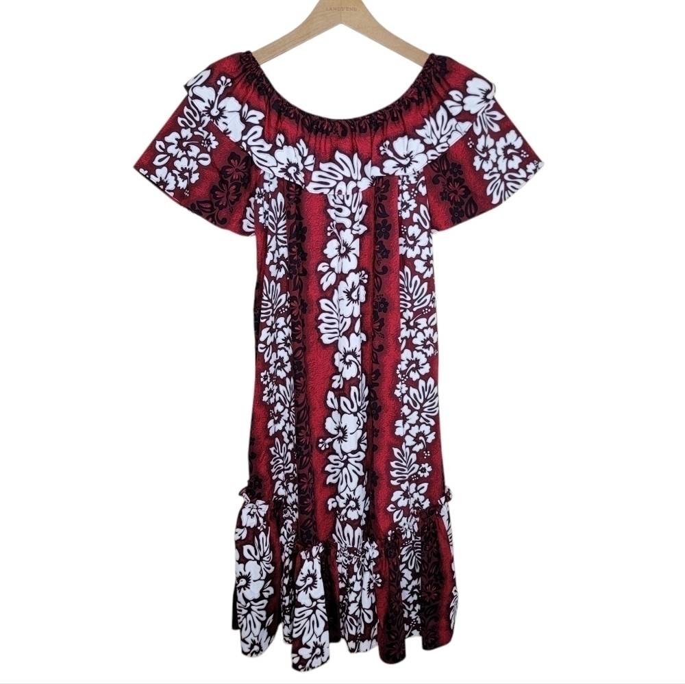 Vintage Royal Creations Red Hawaiian Floral Off Shoulder Midi Dress Size Medium